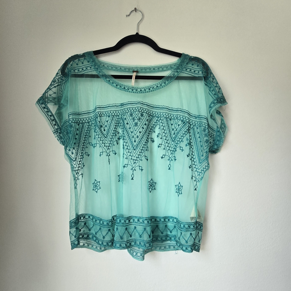 Free People Green Cropped Embellished Blouse